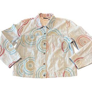 Chicos‎ Design Embroidered  Colorful Circles Denim Jacket Size L Multicolor